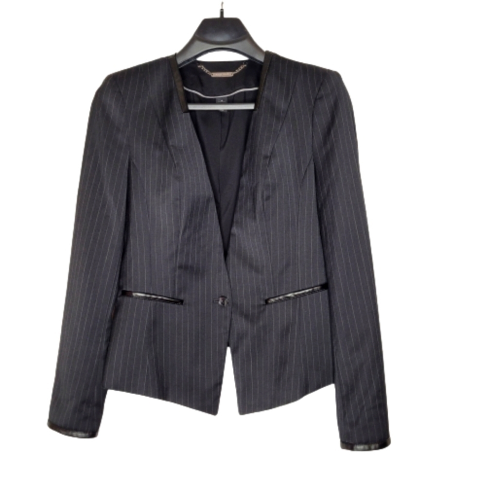 WHBM Single Button Pinstriped Leather Accent Blazer - Picture 1 of 14